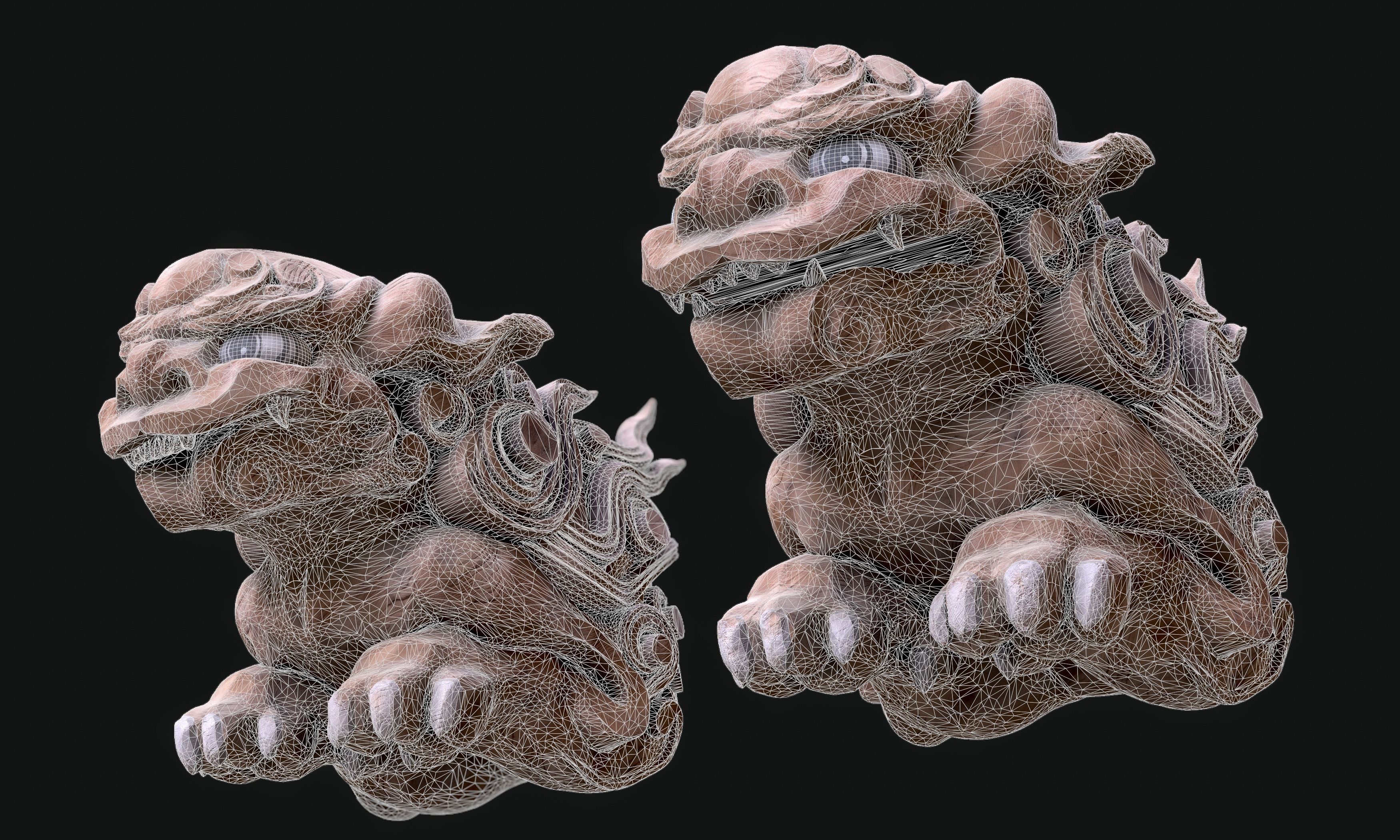 8K Wooden Komainu lion-dogs for decorations of Shinto Shrine Low-poly 3D model_14