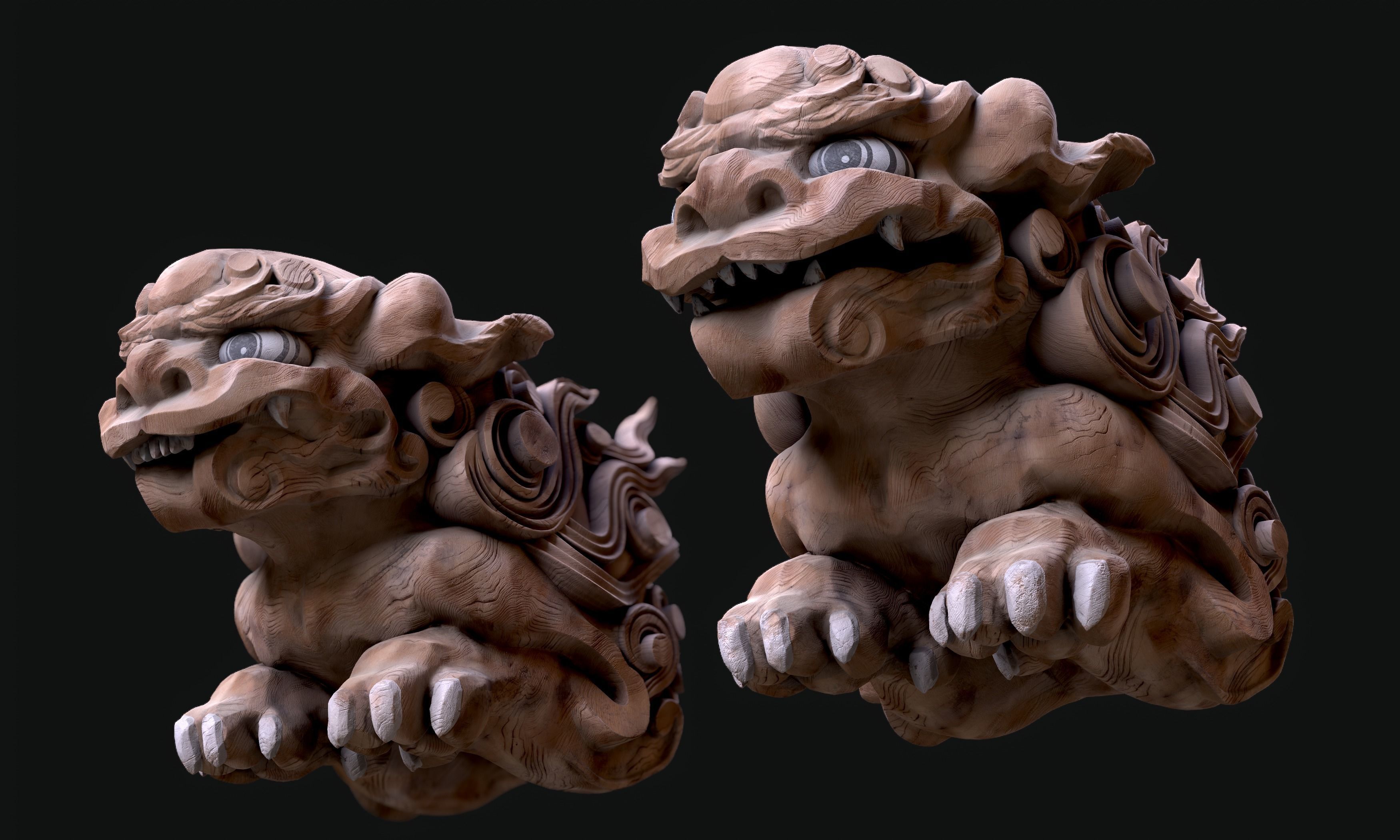 8K Wooden Komainu lion-dogs for decorations of Shinto Shrine Low-poly 3D model_13