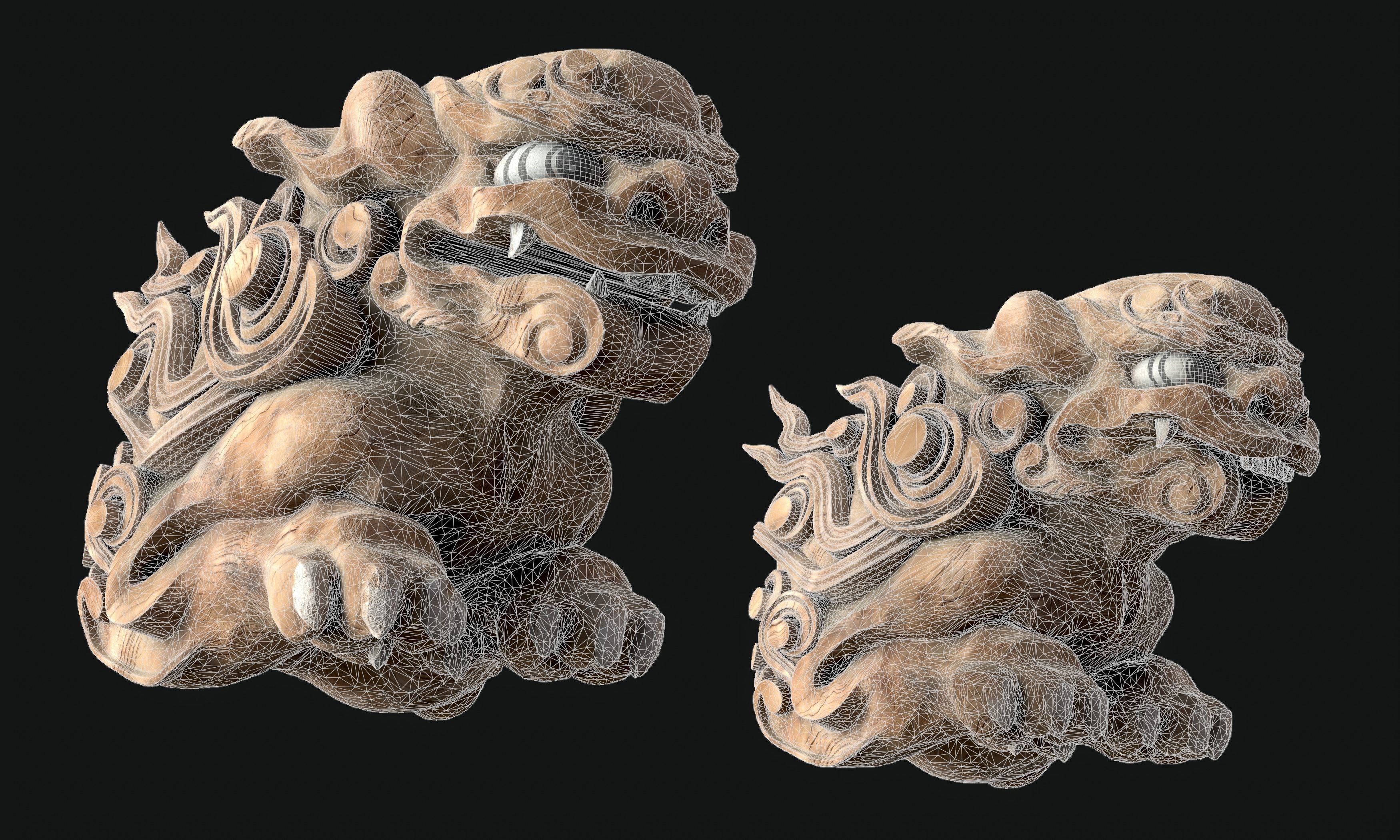 8K Wooden Komainu lion-dogs for decorations of Shinto Shrine Low-poly 3D model_17
