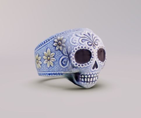 Mexican Calavera Skull Floral Pattern Ring 3D model_2