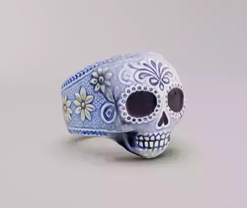 Mexican Calavera Skull Floral Pattern Ring