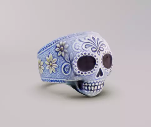 Mexican Calavera Skull Floral Pattern Ring 3D model_0