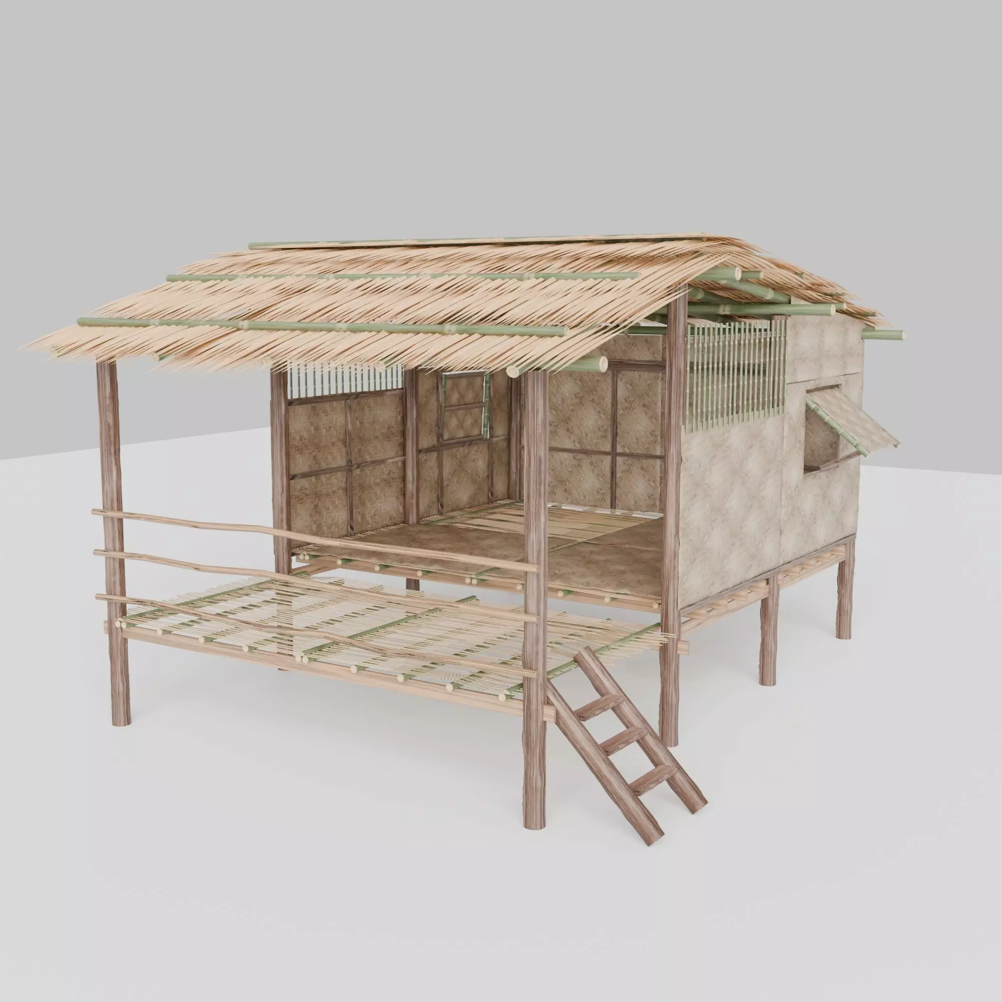 Thai style wooden house Low-poly 3D model_0