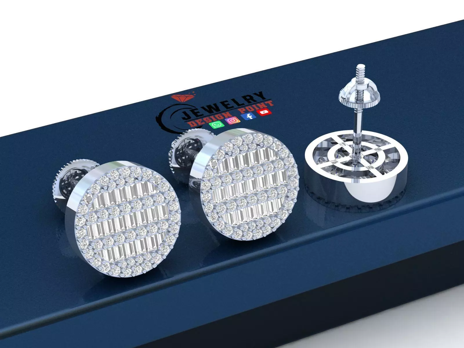 Custom Round Studs Ice-out Baguettes Diamond Studs - Unisex 12mm 3D print model