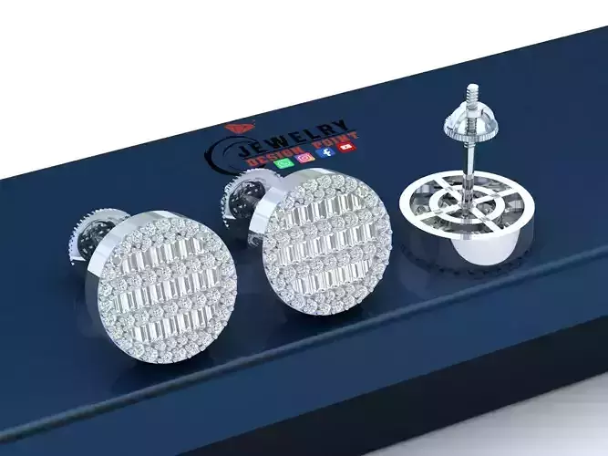 Custom Round Studs Ice-out Baguettes Diamond Studs - Unisex 12mm 3D print model