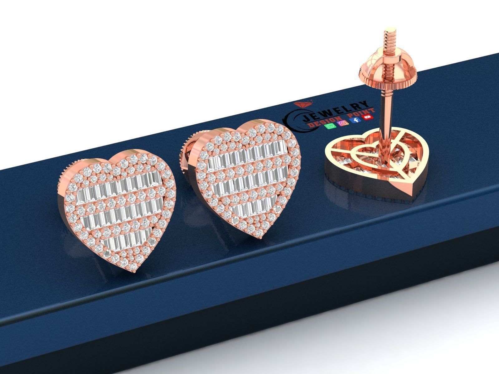 Custom Heart Studs Ice-out Baguettes Diamond Studs - Unisex 16mm 3D print model_2