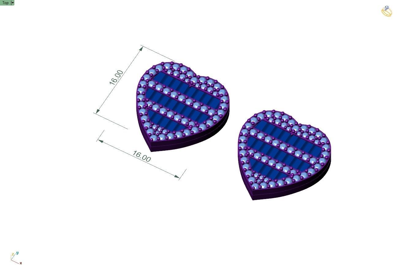 Custom Heart Studs Ice-out Baguettes Diamond Studs - Unisex 16mm 3D print model_4