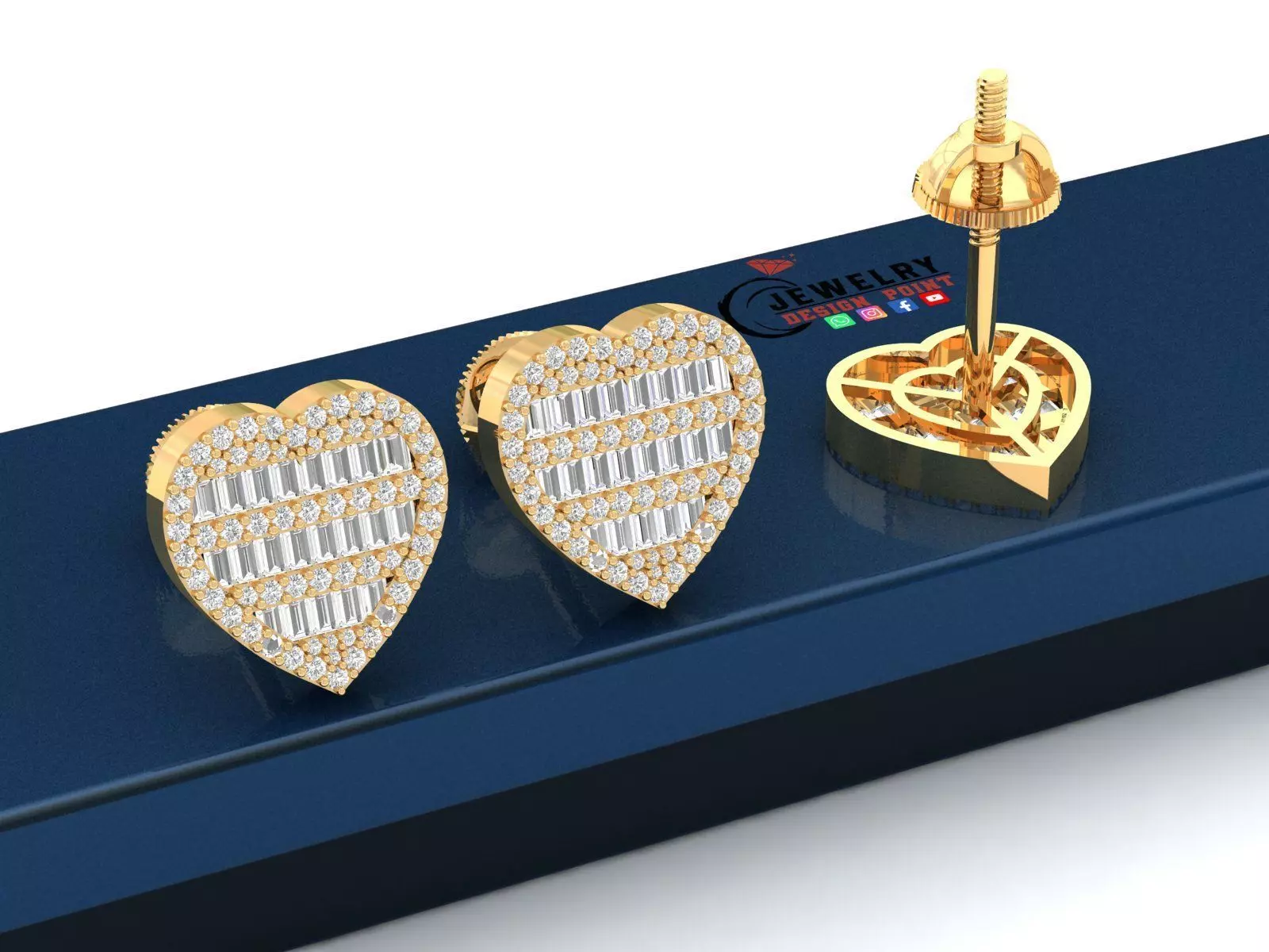 Custom Heart Studs Ice-out Baguettes Diamond Studs - Unisex 16mm 3D print model_0