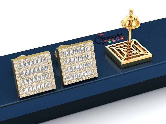 Custom Square Ice-out Baguettes Diamond Studs - Unisex 16mm  3D print model