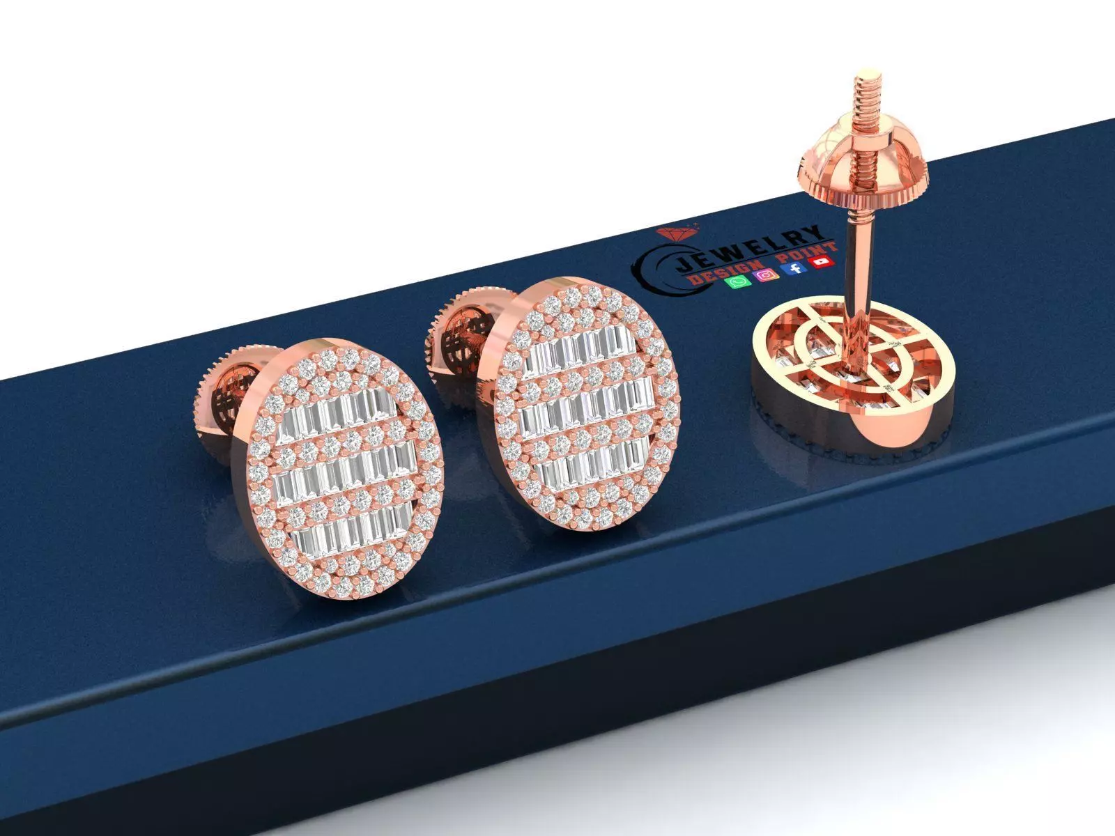 Custom Oval Studs Ice-out Baguettes Diamond Studs - Unisex 16mm 3D print model_0