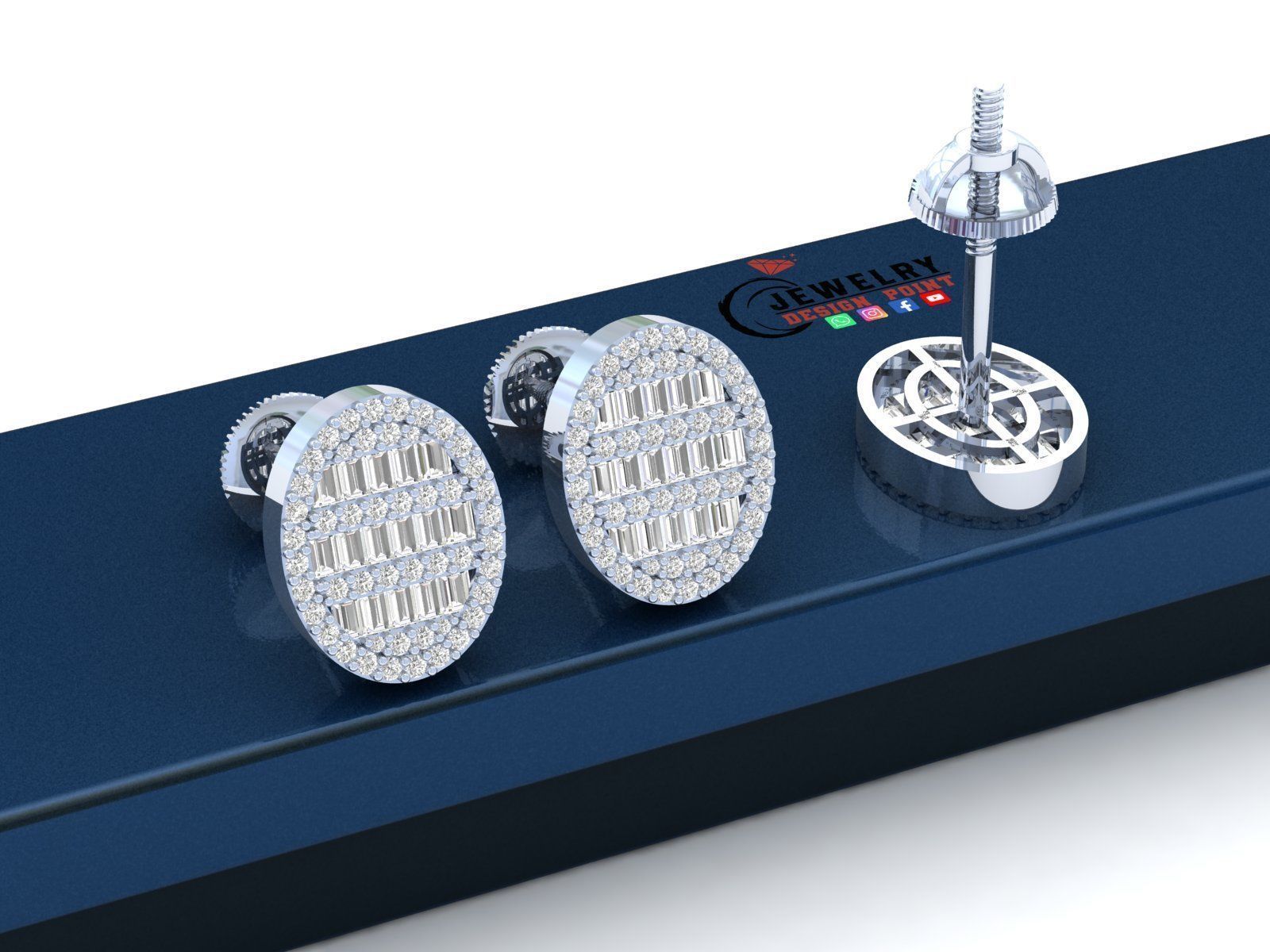 Custom Oval Studs Ice-out Baguettes Diamond Studs - Unisex 16mm 3D print model_2