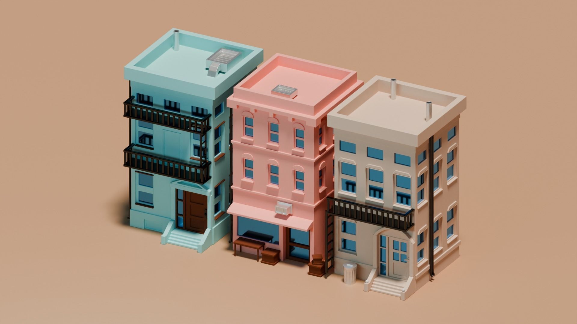 Three Low Poly House Collection Low-poly 3D model_1