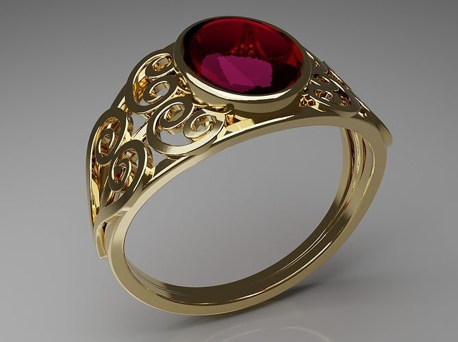 Oval cabochon ruby ring with spiral ornaments 3D print model