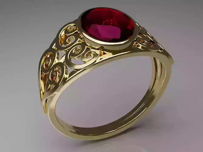 Oval cabochon ruby ring with spiral ornaments