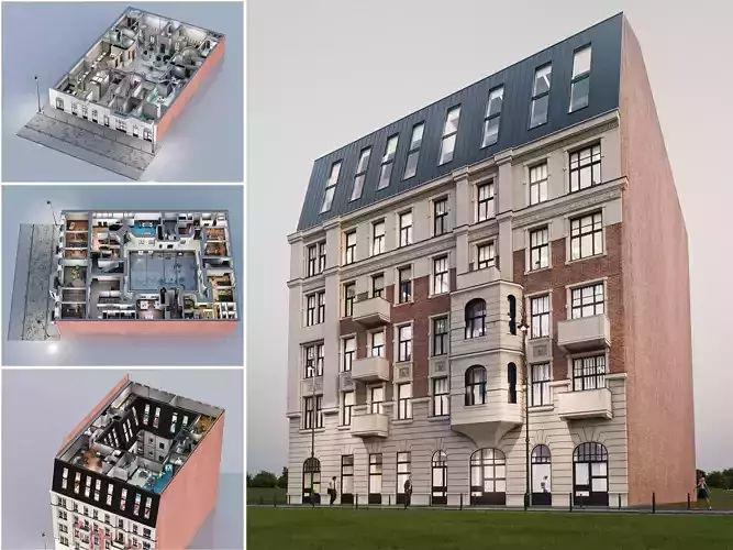 Terraced Office Building with Full Interior and Courtyard 3D model