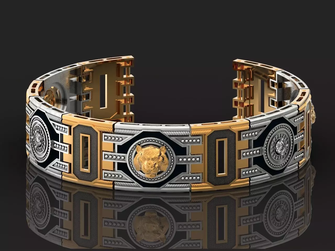 wide mens tiger bas-relief bracelet and diamonds 1120 3D print model