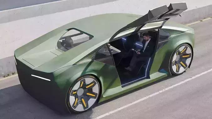 Self-driving car concept 3D with interior green 3D model
