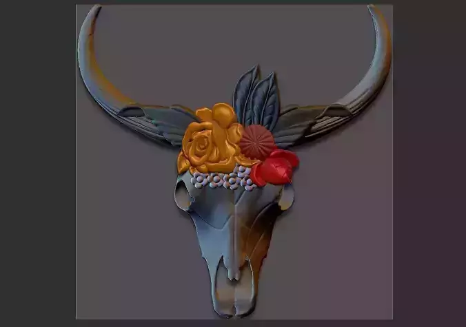 Cow Skull with flower - only 3D print model