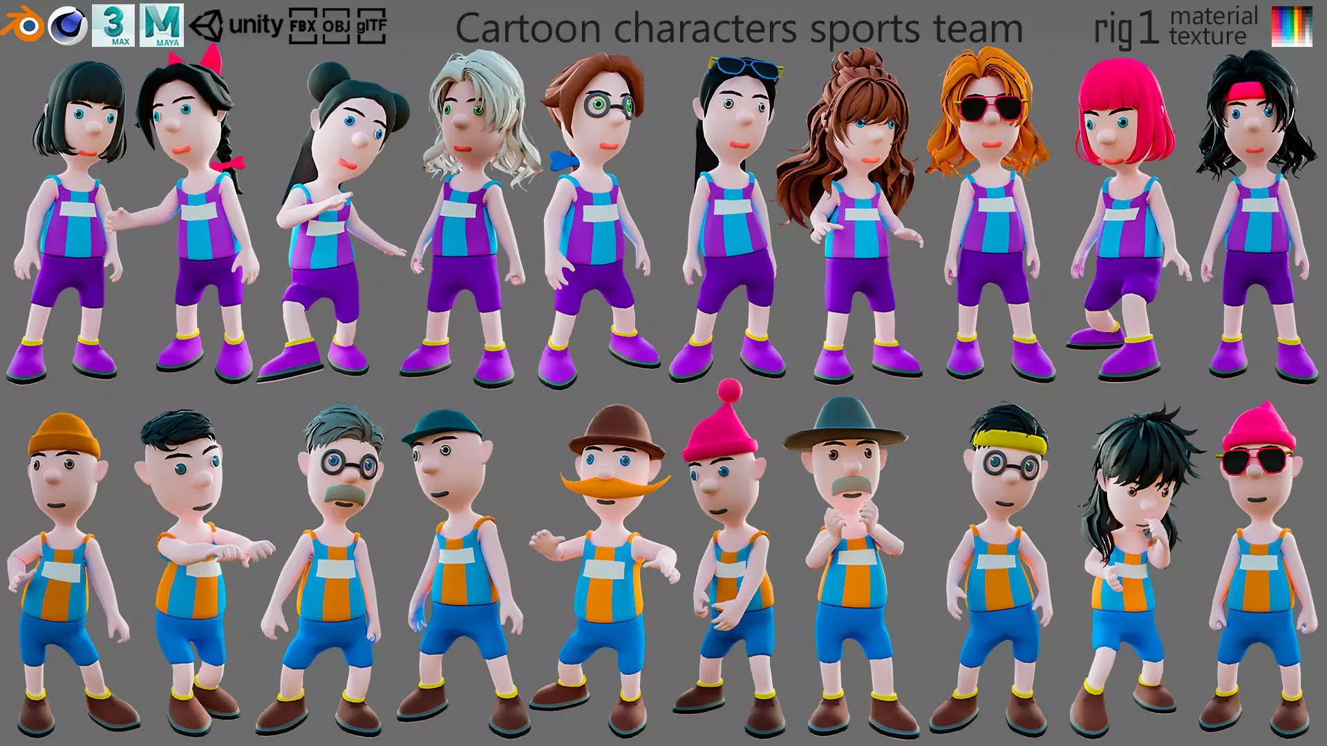 Cartoon characters sports team Low-poly 3D model_0