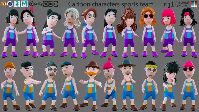 Cartoon characters sports team Low-poly 3D model