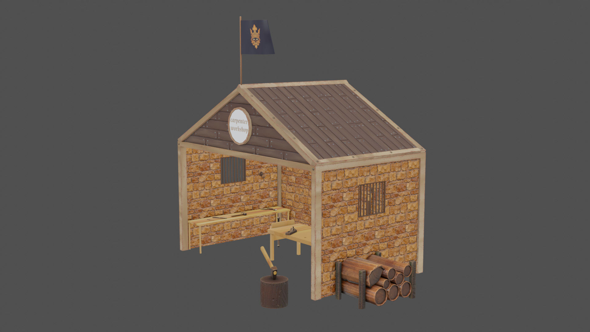 Stylized medieval carpenter workshop Low-poly 3D model_2