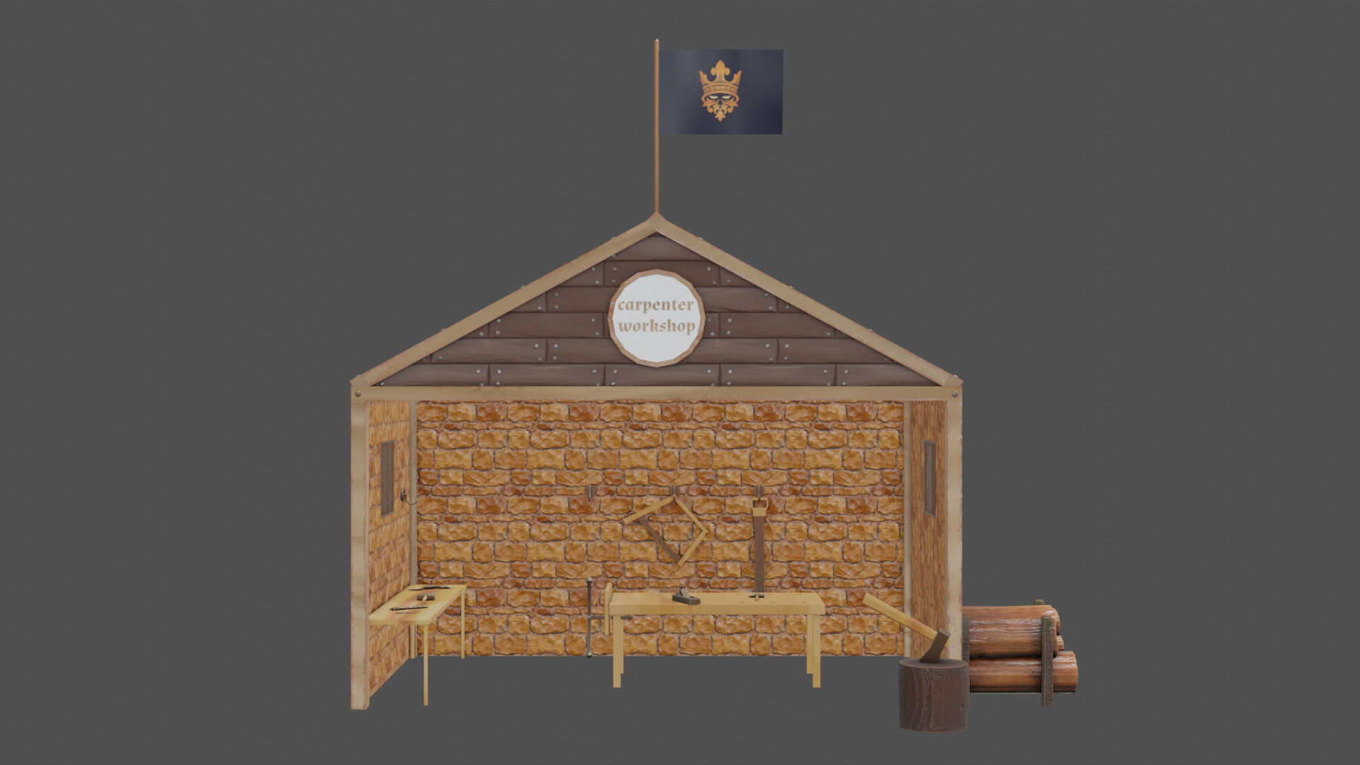 Stylized medieval carpenter workshop Low-poly 3D model_1
