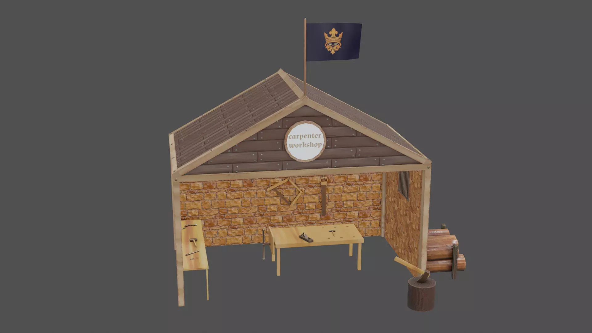Stylized medieval carpenter workshop Low-poly 3D model_0