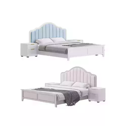 Blue Wood Upholstered Headboard Bed 3D model