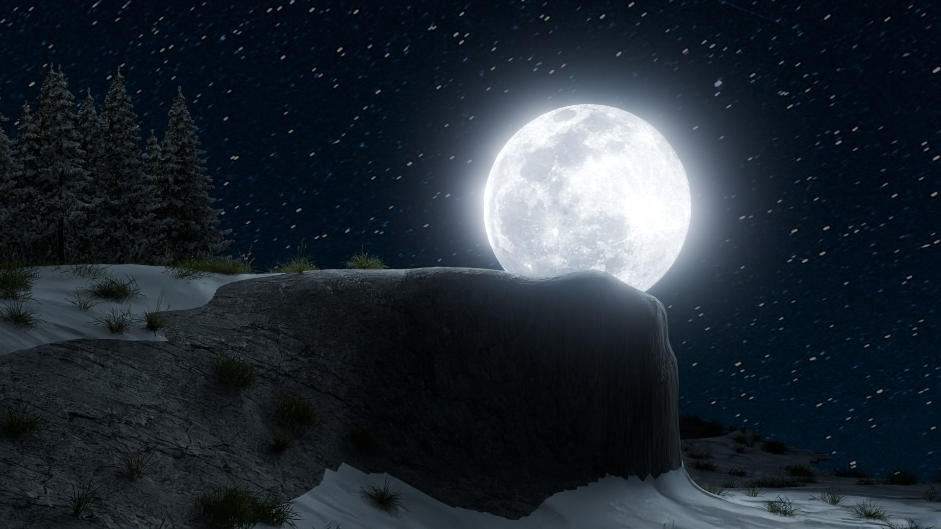 Serene snowy scene with moon for day and night Low-poly 3D model_1