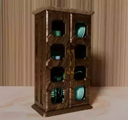 3D Model of Kitchen Crockery Cupboard with Crockery Set