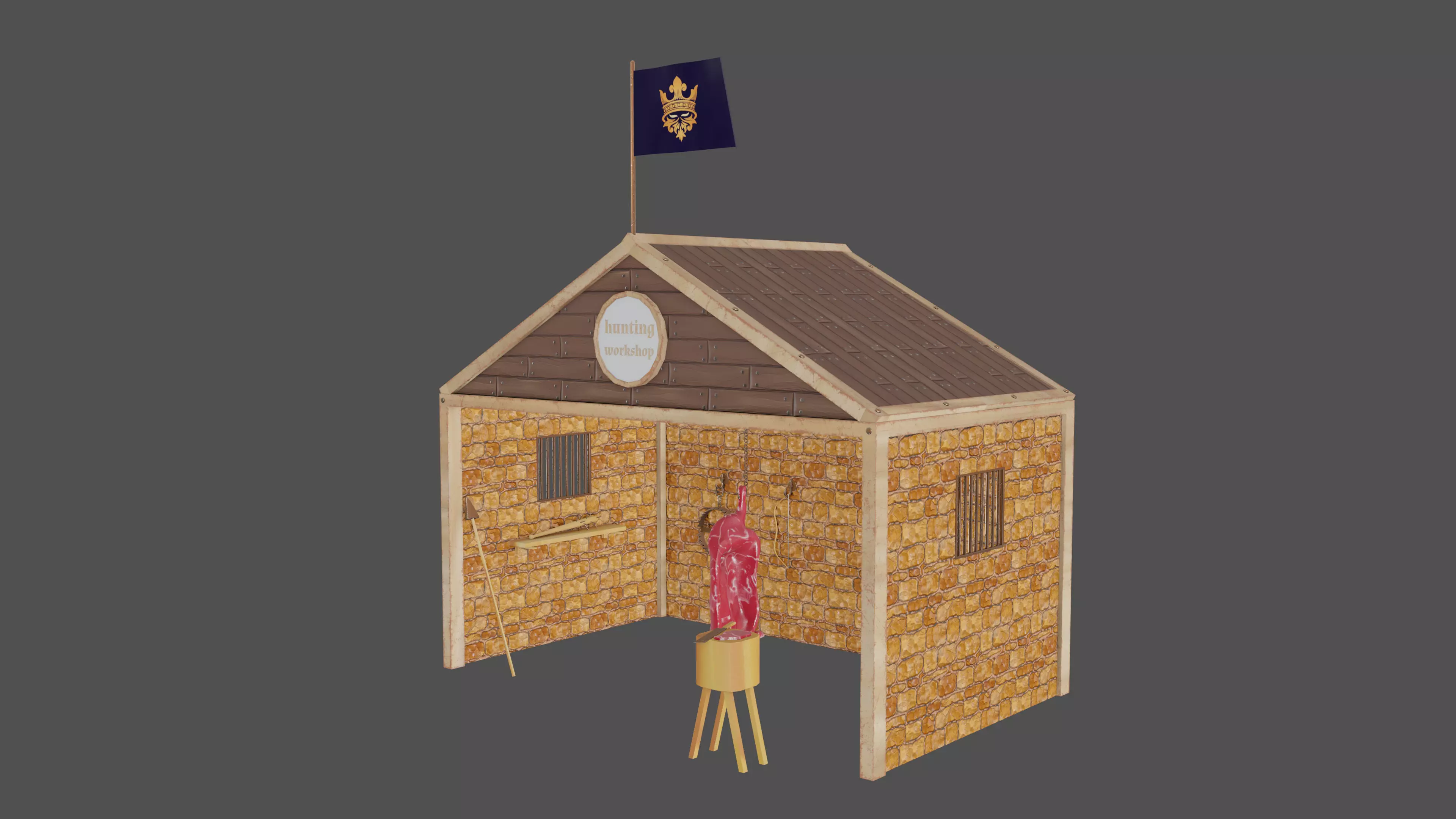 Stylized medieval hunting workshop Low-poly 3D model_0