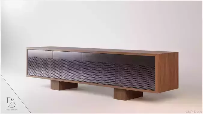 CB2 MARTINEZ ACACIA AND BRONZE METAL CREDENZA