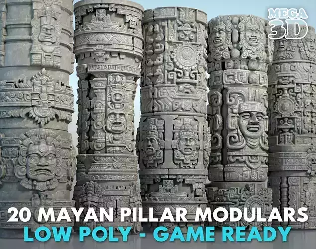 Low poly Mayan Pillar Temple Modular - 240405 Low-poly 3D model