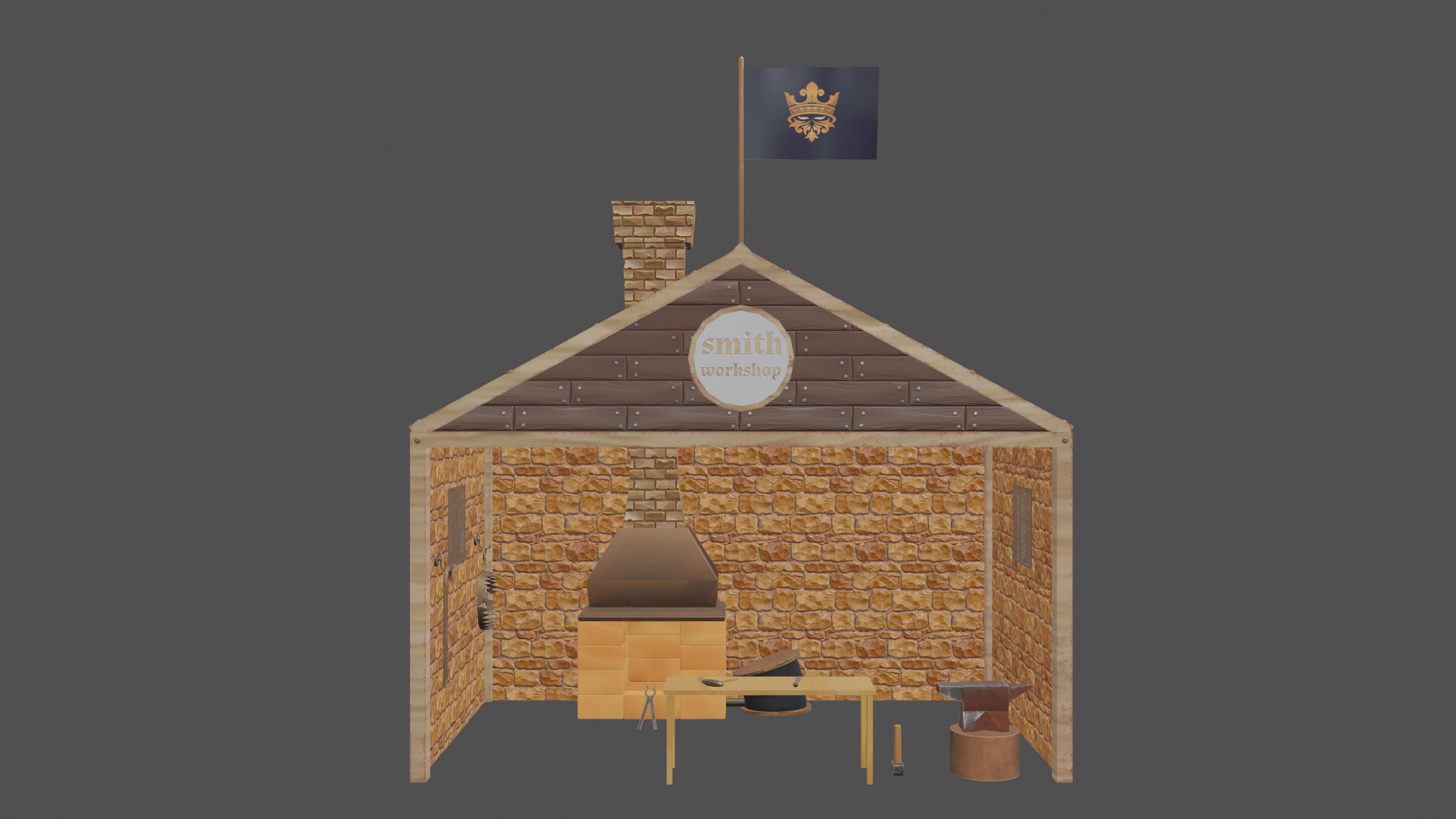 Stylized medieval smith workshop Low-poly 3D model_1