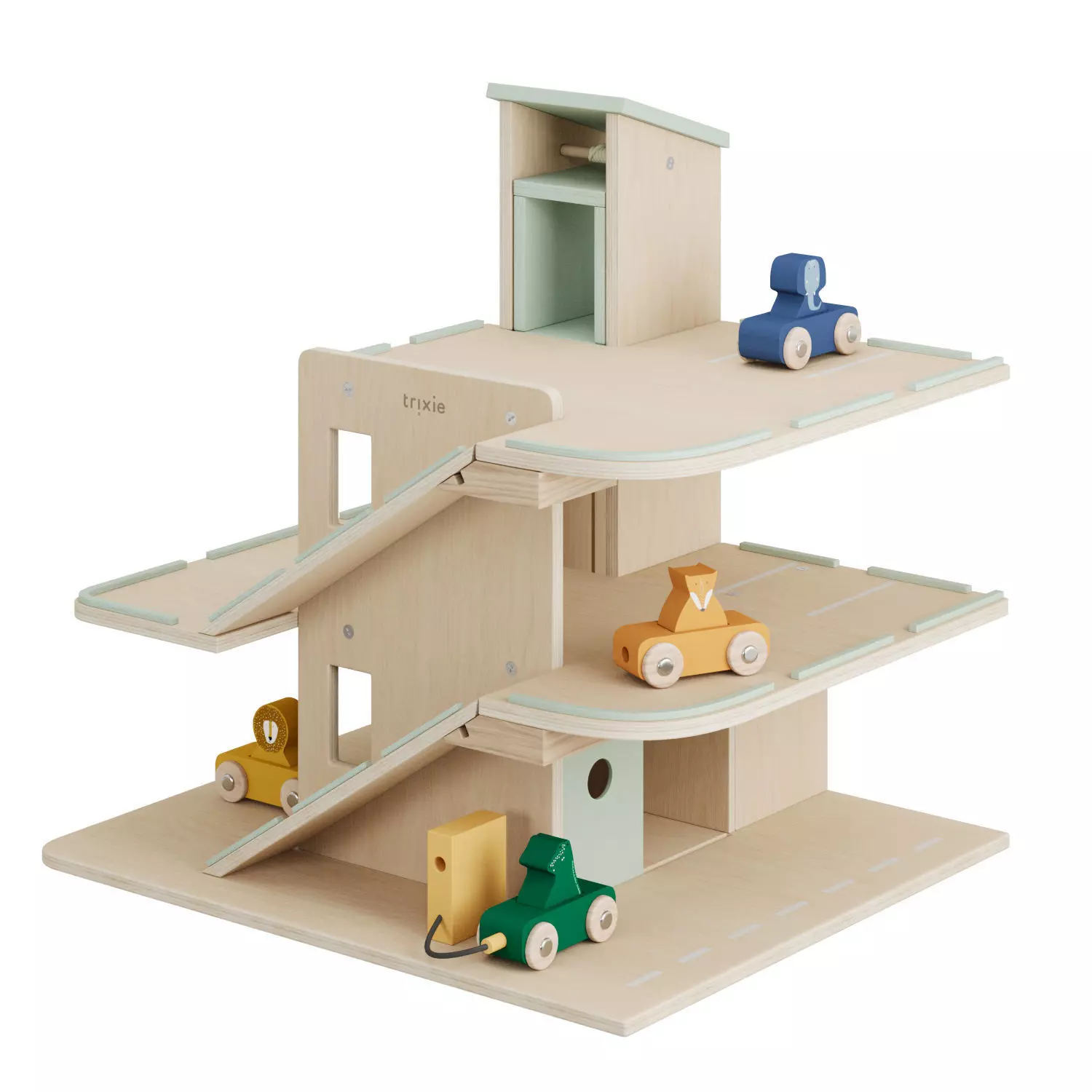 Wooden car park with accessories 3D model