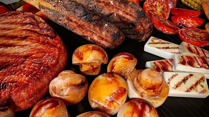 Big set of grilled BBQ food 3D model 4