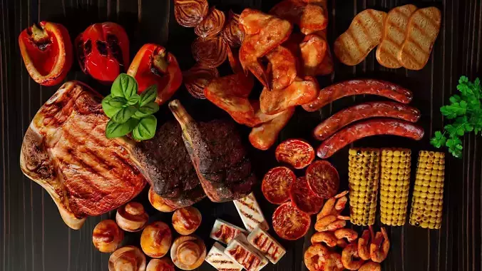 Big set of grilled BBQ food 3D model