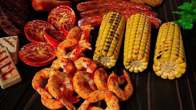 Big set of grilled BBQ food 3D model 5
