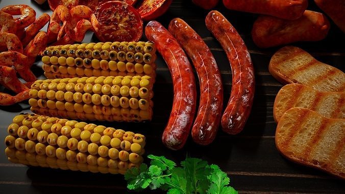 Big set of grilled BBQ food 3D model 6