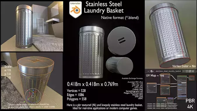 Stainless Steel Laundry Basket Low-poly 3D model