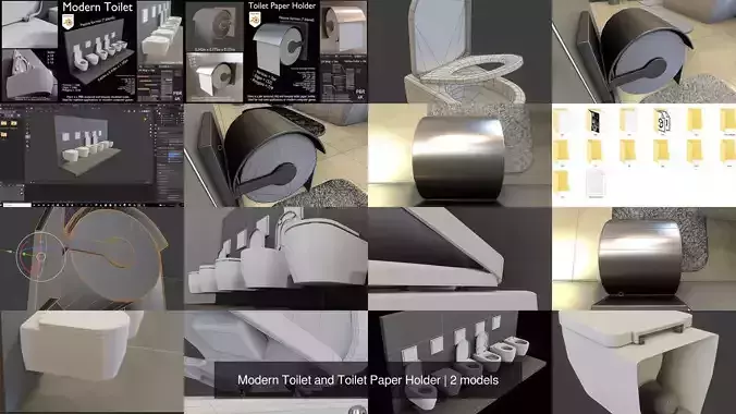 Modern Toilet and Toilet Paper Holder 3D Model Collection