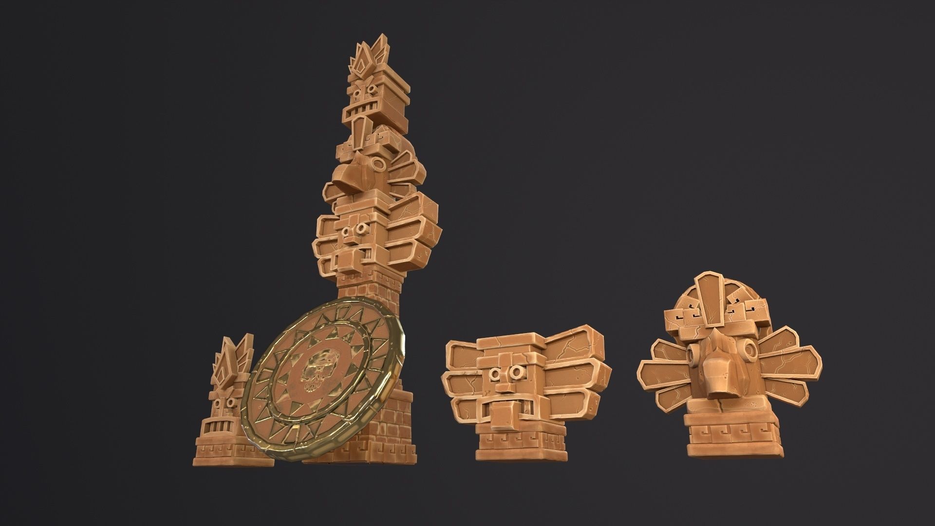 Aztec Maya Mesoamerican Stylized Game Asset with totem heads Low-poly 3D model_10