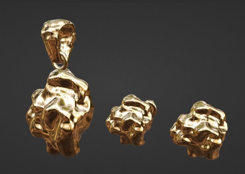 custom gold nugget earring pendant set 3D print model_1