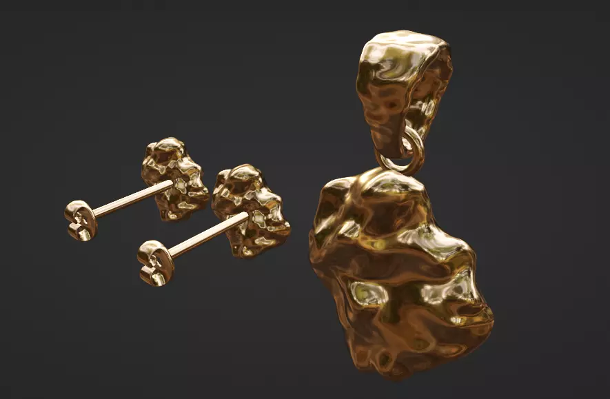 custom gold nugget earring pendant set 3D print model_0