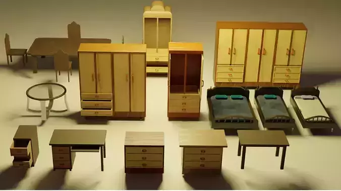 Vintage Furniture Pack LowPoly Textured Low-poly 3D model