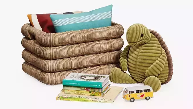 Decorative set with a wicker basket and a turtle 3D model