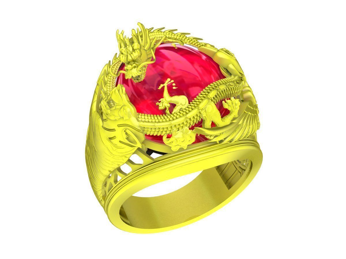 A3868 Oval Ruby Dragon Phoenix Tiger Men Ring 3D print model_1