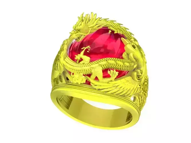A3868 Oval Ruby Dragon Phoenix Tiger Men Ring