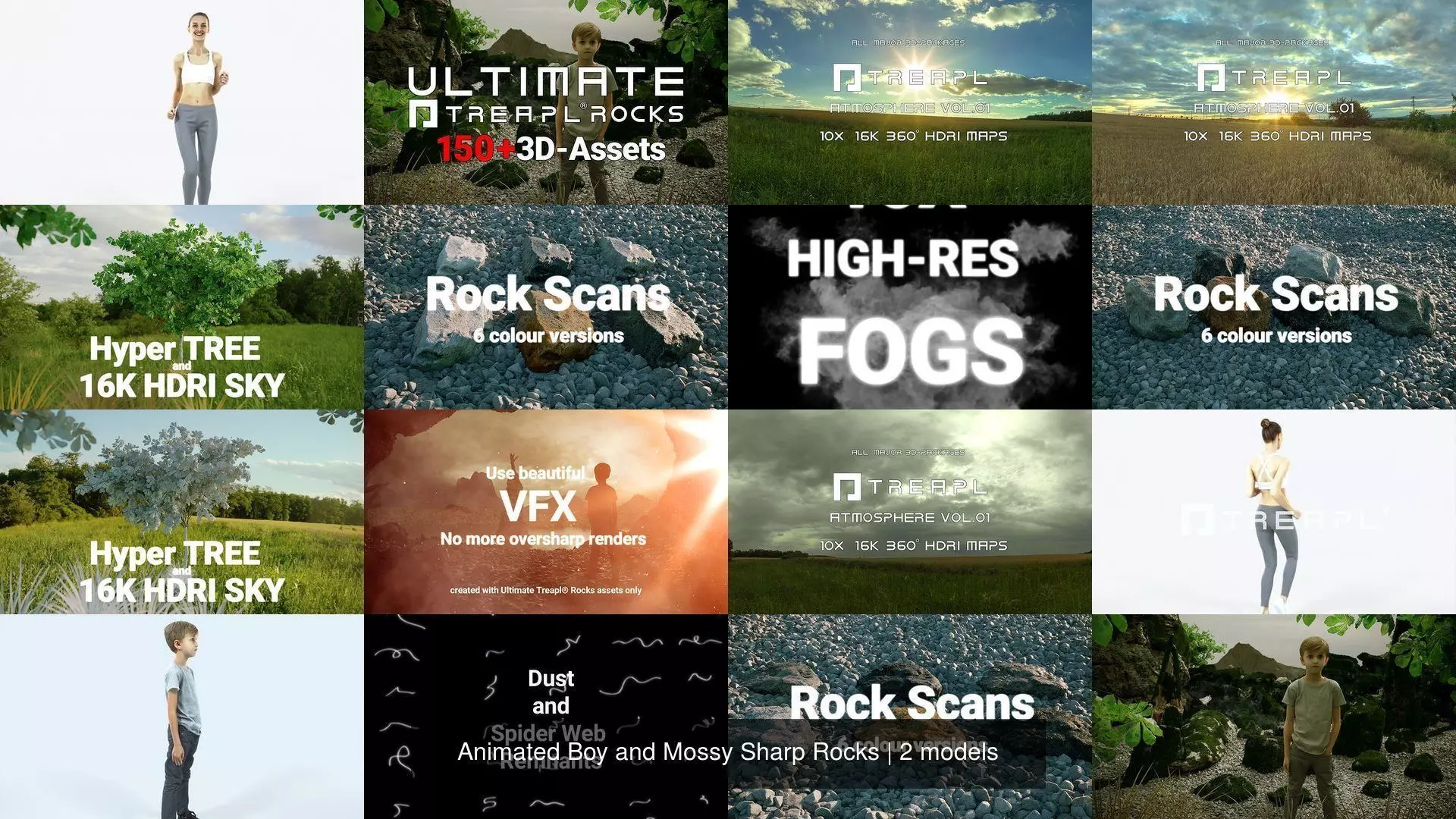 Animated Boy and Mossy Sharp Rocks 3D Model Collection_2