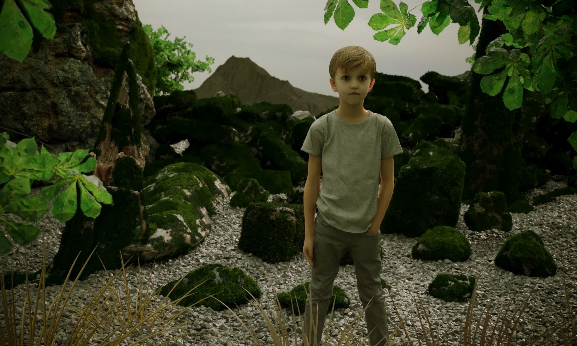 Animated Boy and Mossy Sharp Rocks 3D Model Collection_4